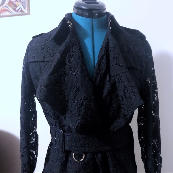 Black Lace Belted Trench Coat - Picture 3 of 12
